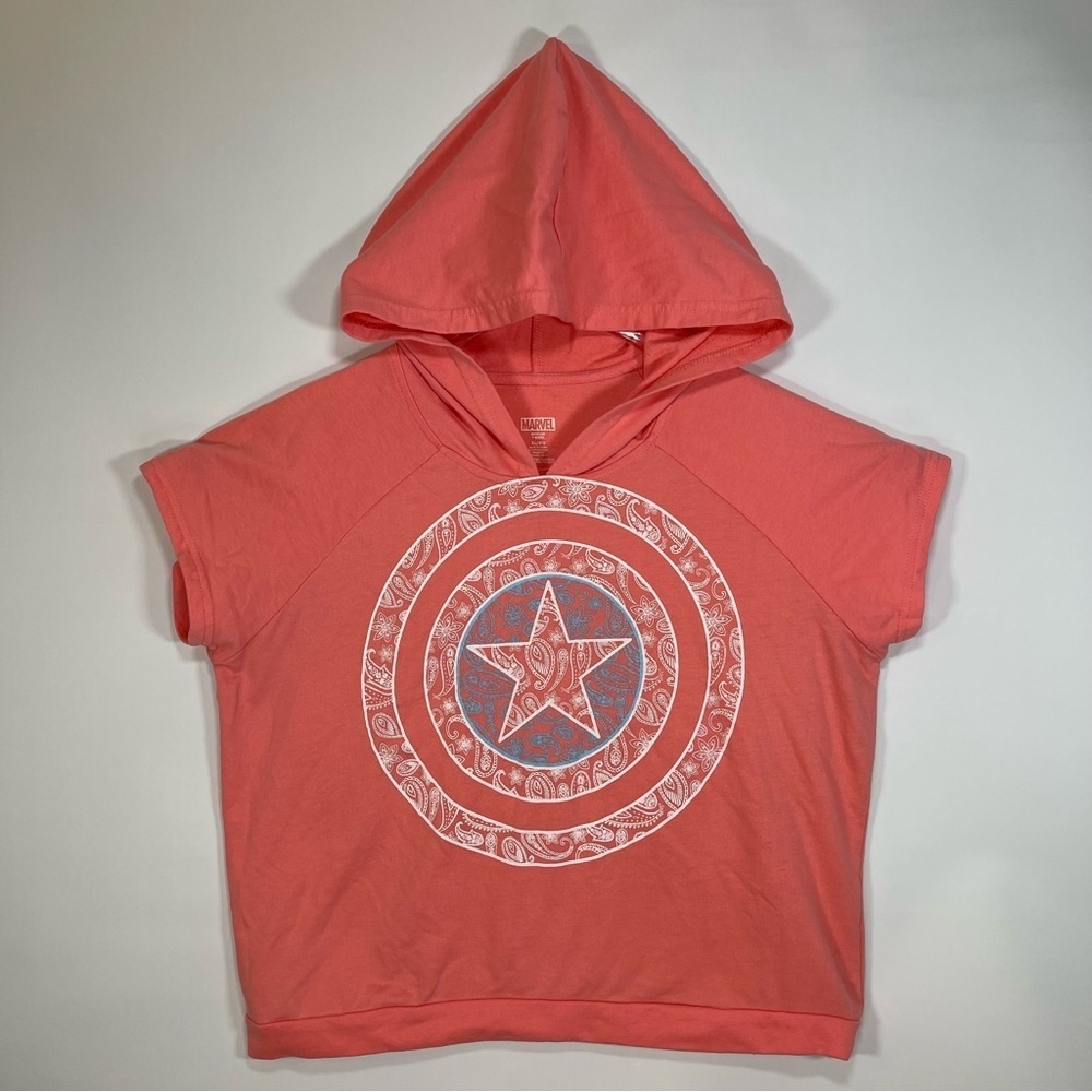 Marvel Pink Captain America Paisley Shield Short Sleeve Hooded Shirt Size XL